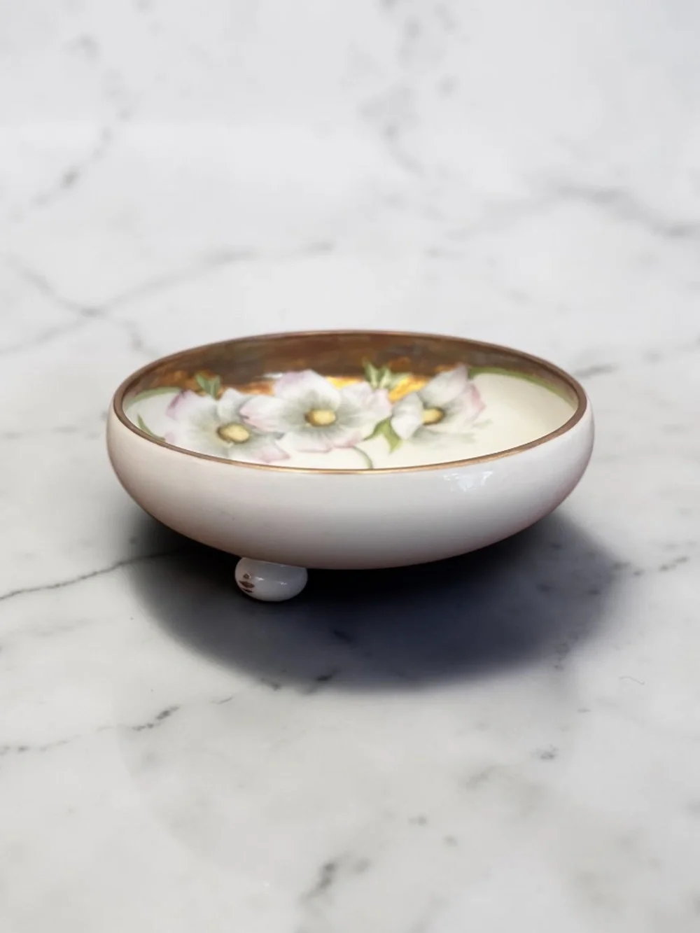 Vintage Hand-Painted Porcelain Floral Trinket Box / Vanity Three Legged Dish